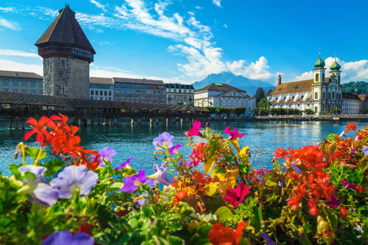 Lucerne Switzerland bridge with flowers