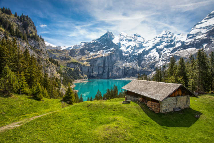 Oeschinnensee with waterfalls and mountains